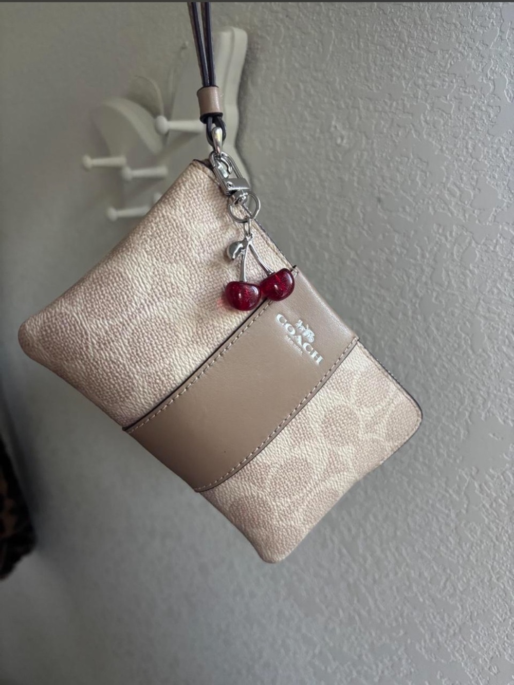 Coach Beige Signature Wristlet with Red Cherry Charm